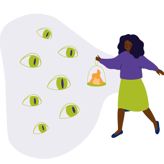 bcss person holding lantern against cloud of eyes smiling