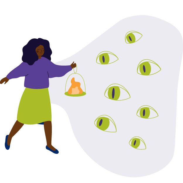 bcss person holding lantern against cloud of eyes