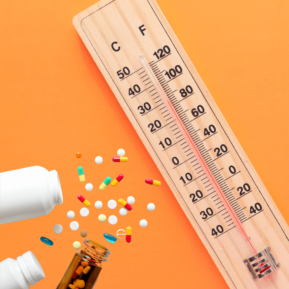 Image of thermometer and prescription medications