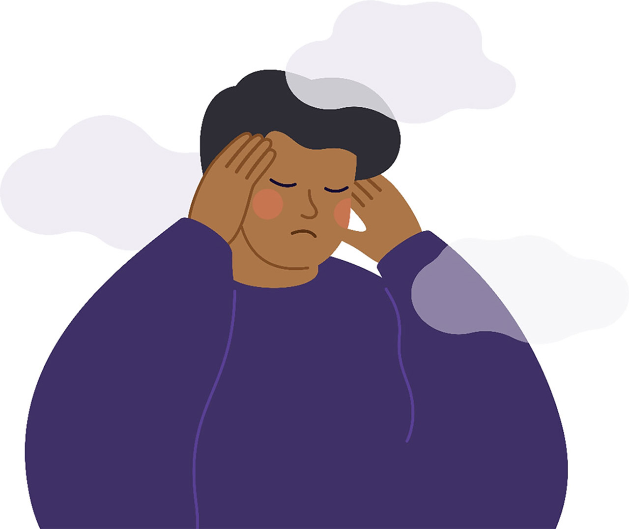 bcss british columbia schizophrenia society person with hands on their head thinking eyes closed clouds